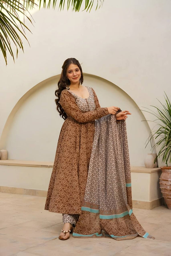 Wedding Wear Brown Color Maslin Fabric Digital Printed Work Anarkali Suit