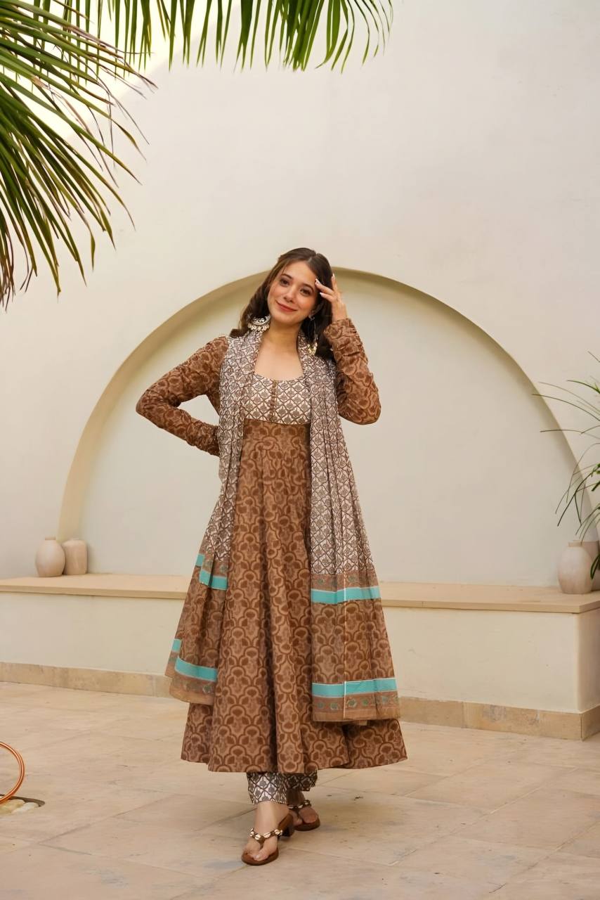 Wedding Wear Brown Color Maslin Fabric Digital Printed Work Anarkali Suit