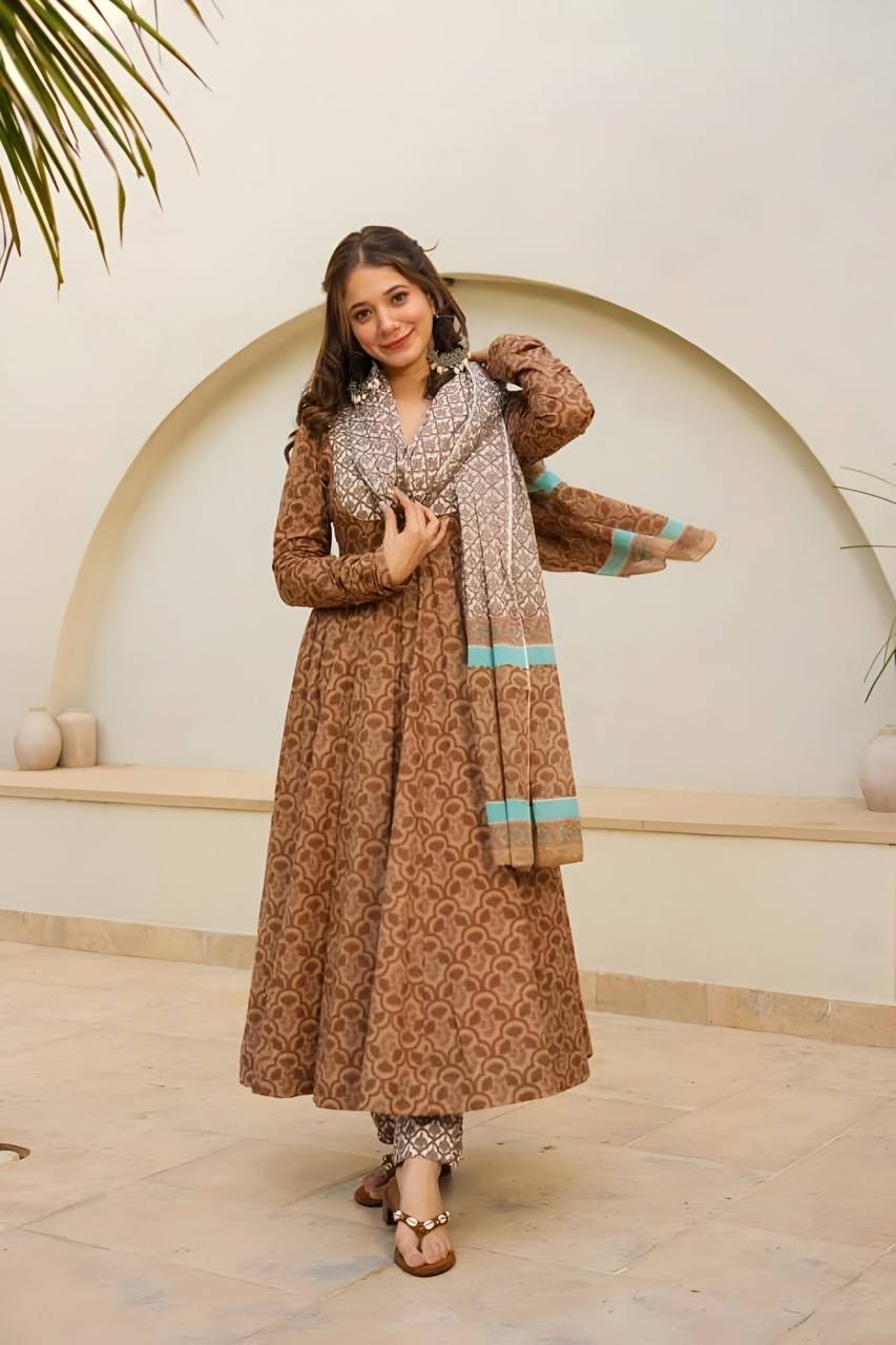 Wedding Wear Brown Color Maslin Fabric Digital Printed Work Anarkali Suit