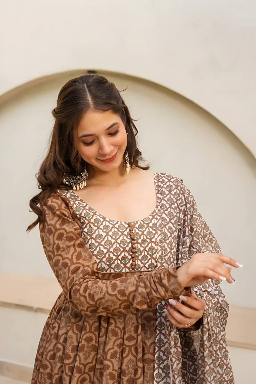 Wedding Wear Brown Color Maslin Fabric Digital Printed Work Anarkali Suit