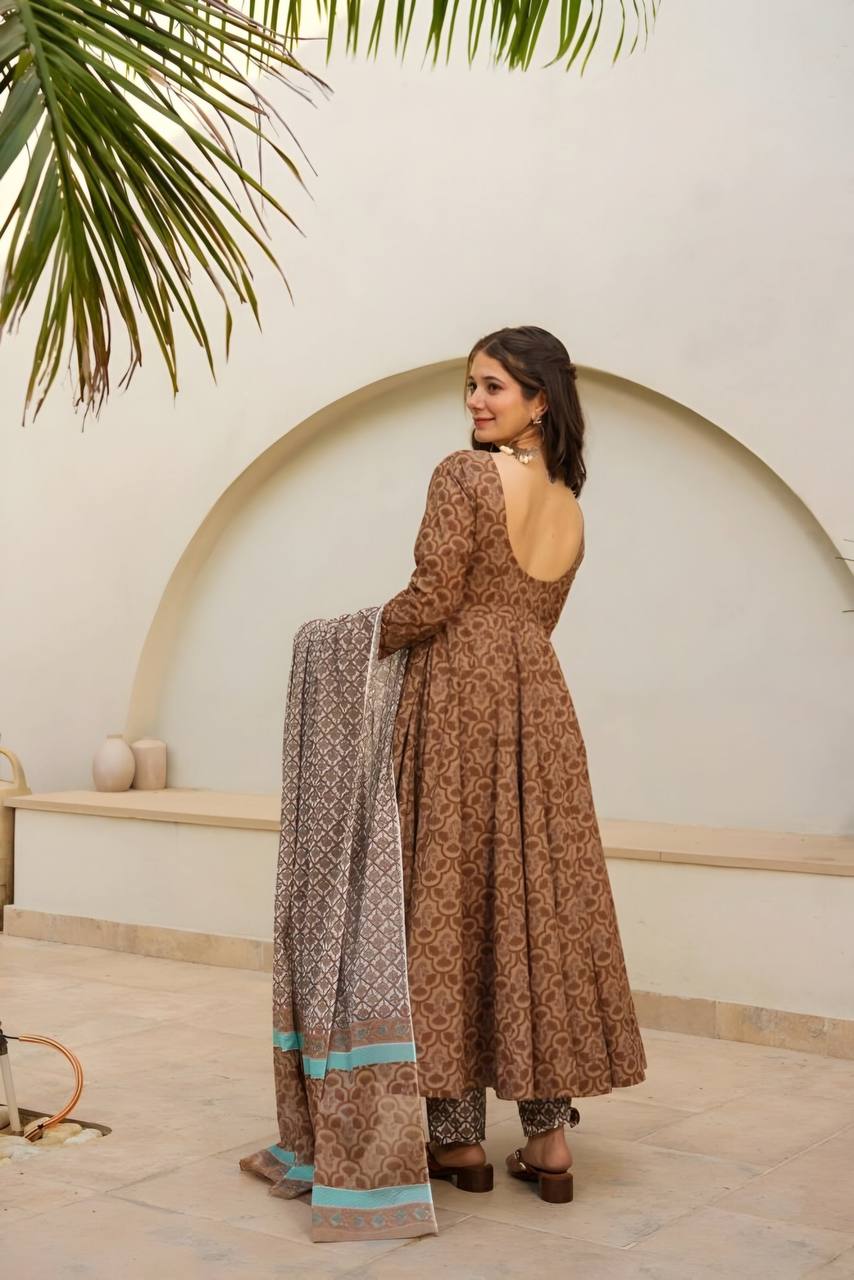 Wedding Wear Brown Color Maslin Fabric Digital Printed Work Anarkali Suit