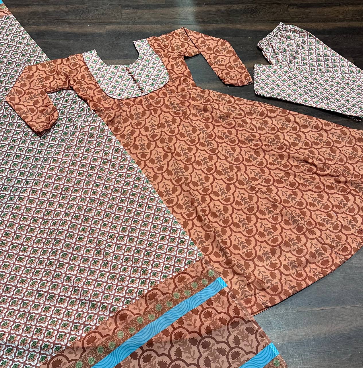 Wedding Wear Brown Color Maslin Fabric Digital Printed Work Anarkali Suit