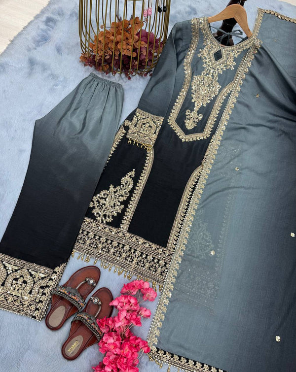 Party Wear Black Color Pure Dual Tone Padding Chinon Silk With Embroidery Work Pakistani Suit