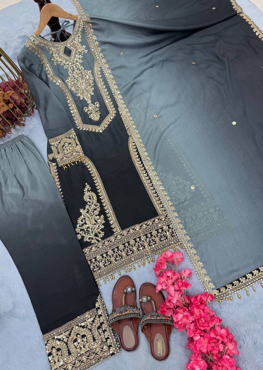 Party Wear Black Color Pure Dual Tone Padding Chinon Silk With Embroidery Work Pakistani Suit