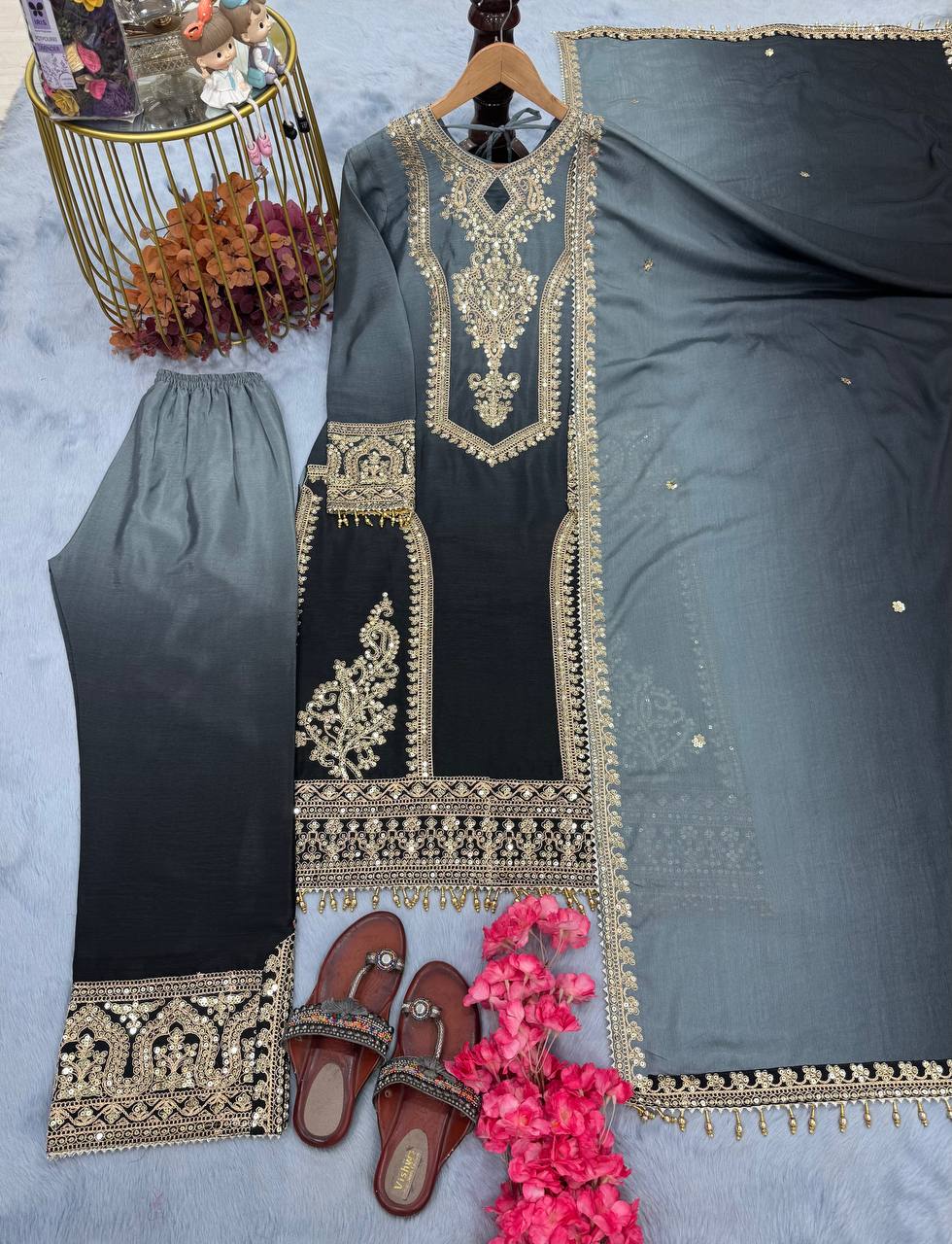 Party Wear Black Color Pure Dual Tone Padding Chinon Silk With Embroidery Work Pakistani Suit