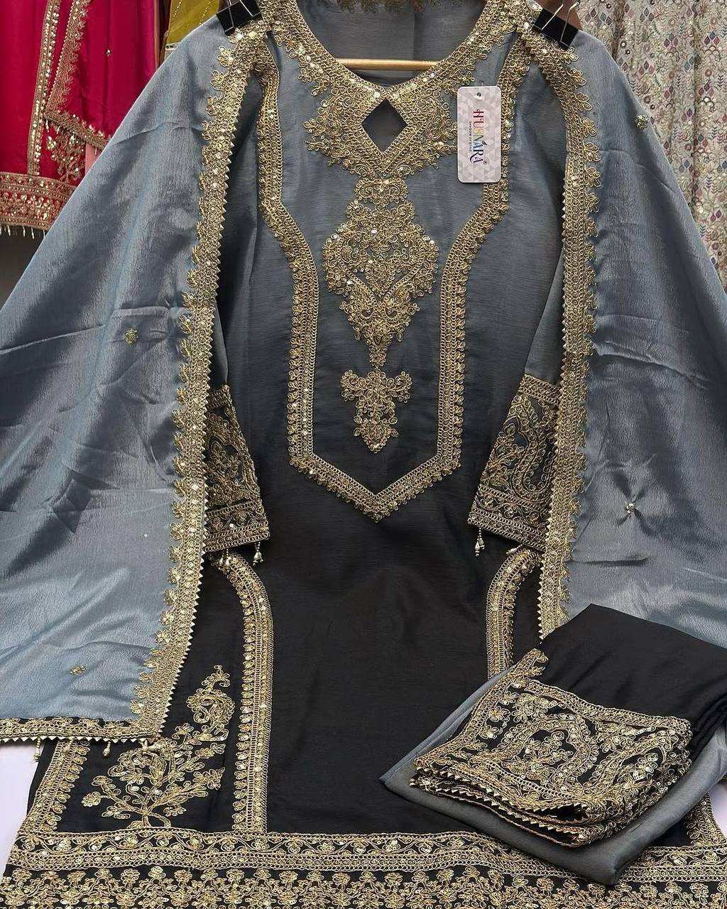 Party Wear Black Color Pure Dual Tone Padding Chinon Silk With Embroidery Work Pakistani Suit