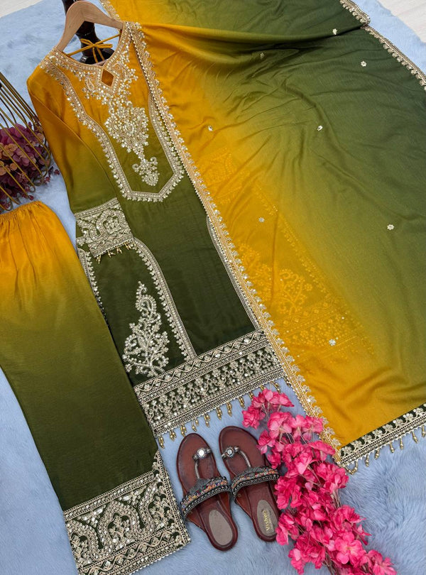 Party Wear Mustard Color Pure Dual Tone Padding Chinon Silk With Embroidery Work Pakistani Suit
