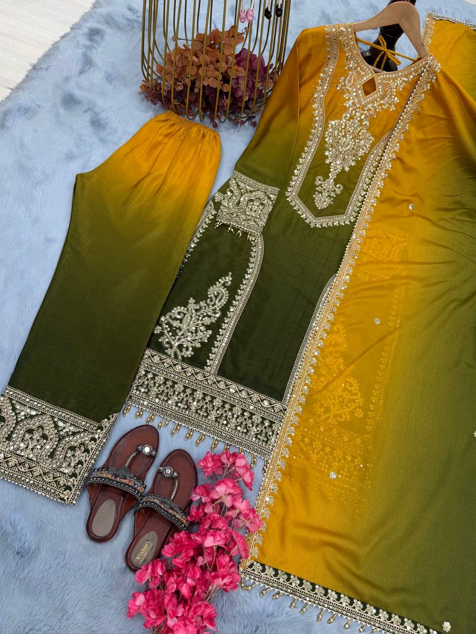 Party Wear Mustard Color Pure Dual Tone Padding Chinon Silk With Embroidery Work Pakistani Suit