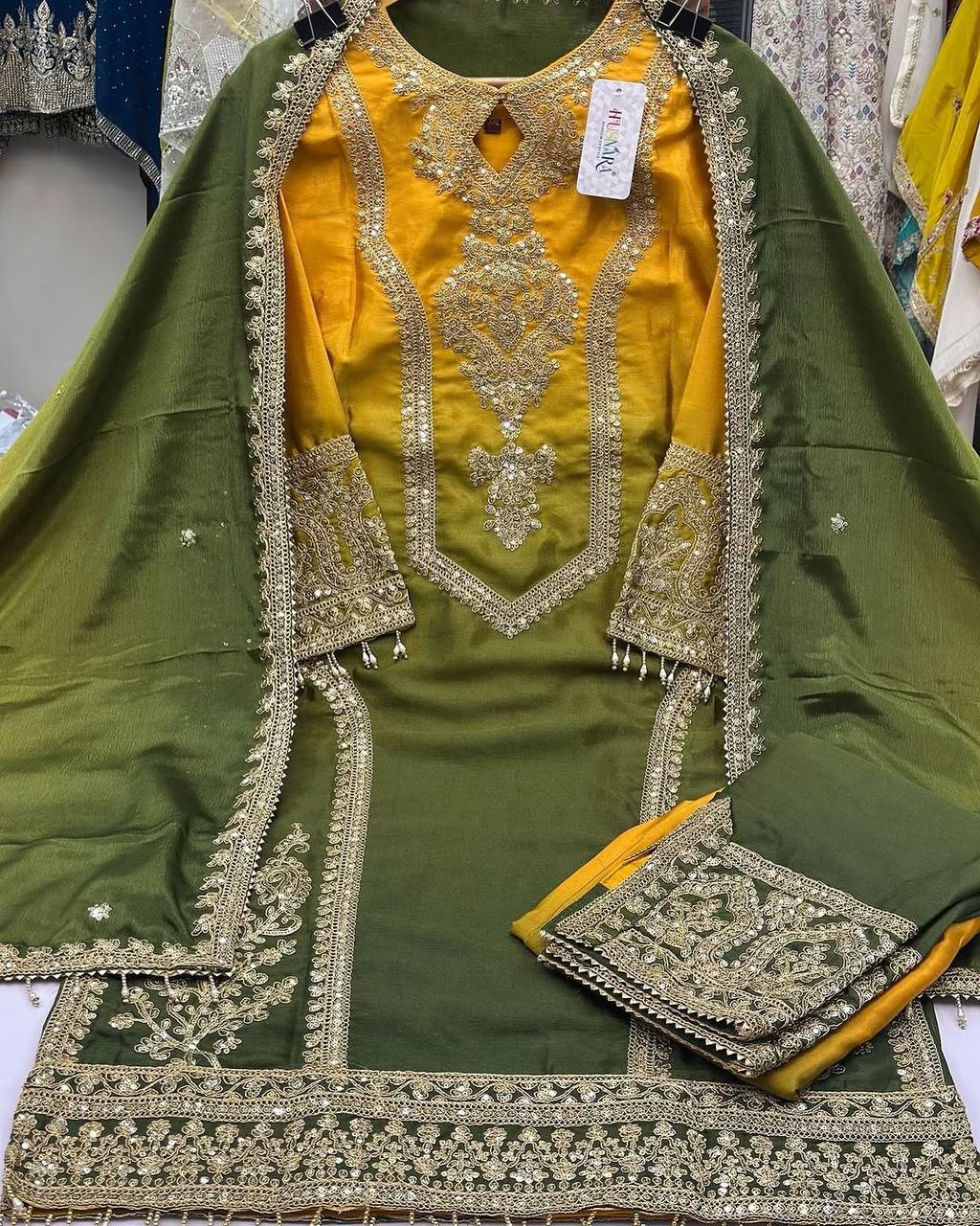Party Wear Mustard Color Pure Dual Tone Padding Chinon Silk With Embroidery Work Pakistani Suit
