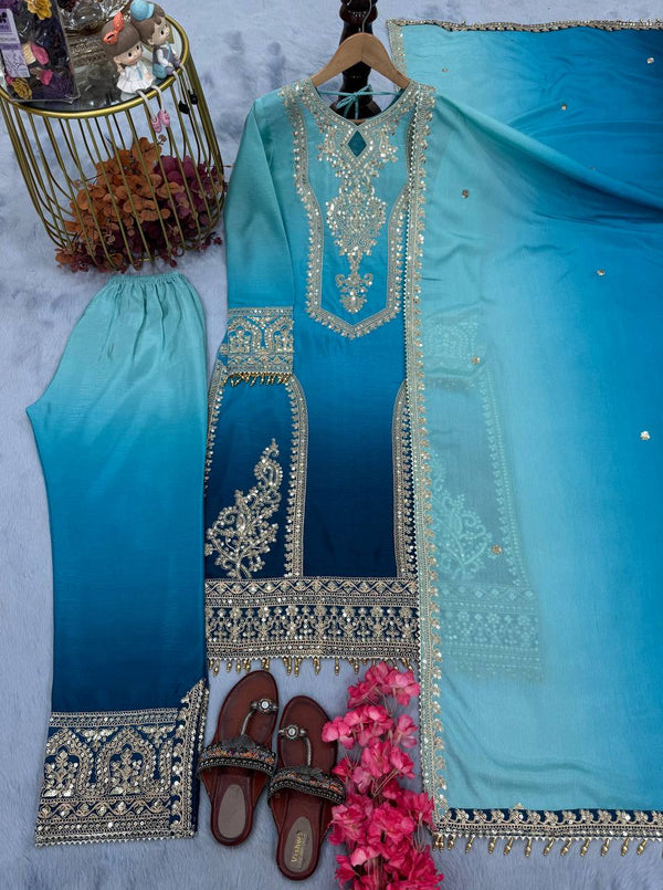 Party Wear Sky Color Pure Dual Tone Padding Chinon Silk With Embroidery Work Pakistani Suit