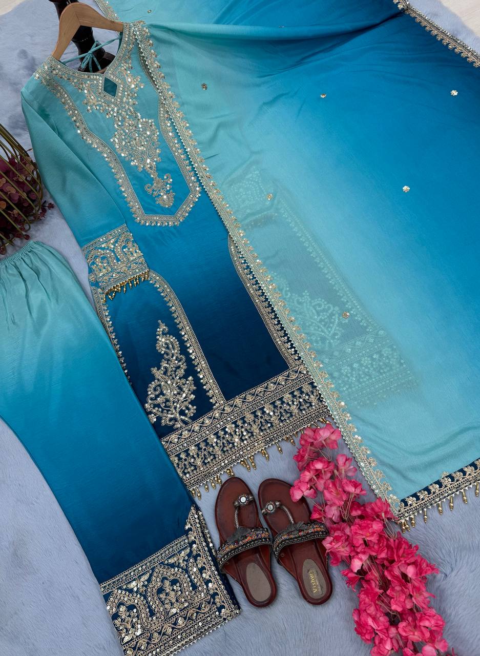 Party Wear Sky Color Pure Dual Tone Padding Chinon Silk With Embroidery Work Pakistani Suit