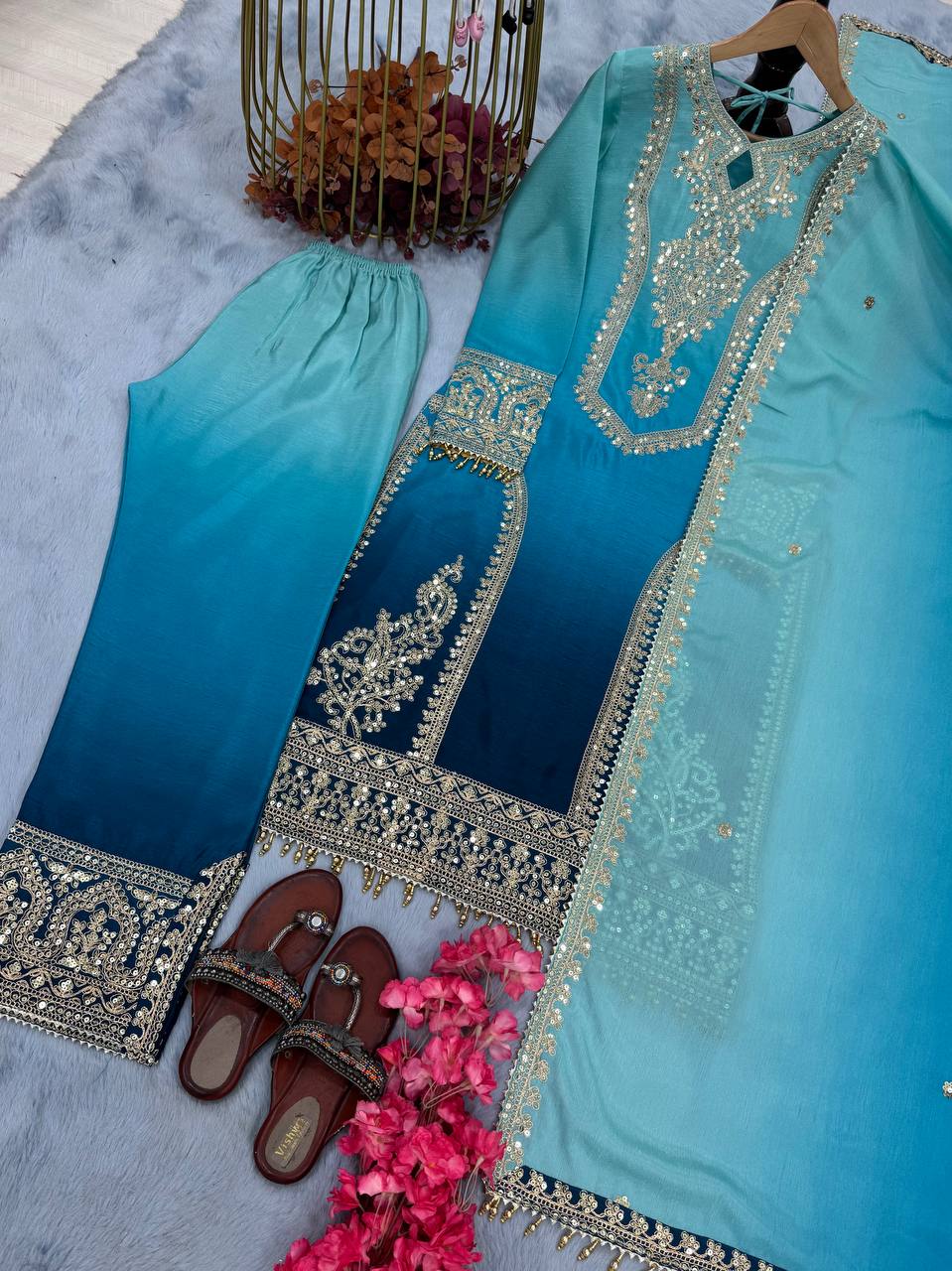 Party Wear Sky Color Pure Dual Tone Padding Chinon Silk With Embroidery Work Pakistani Suit