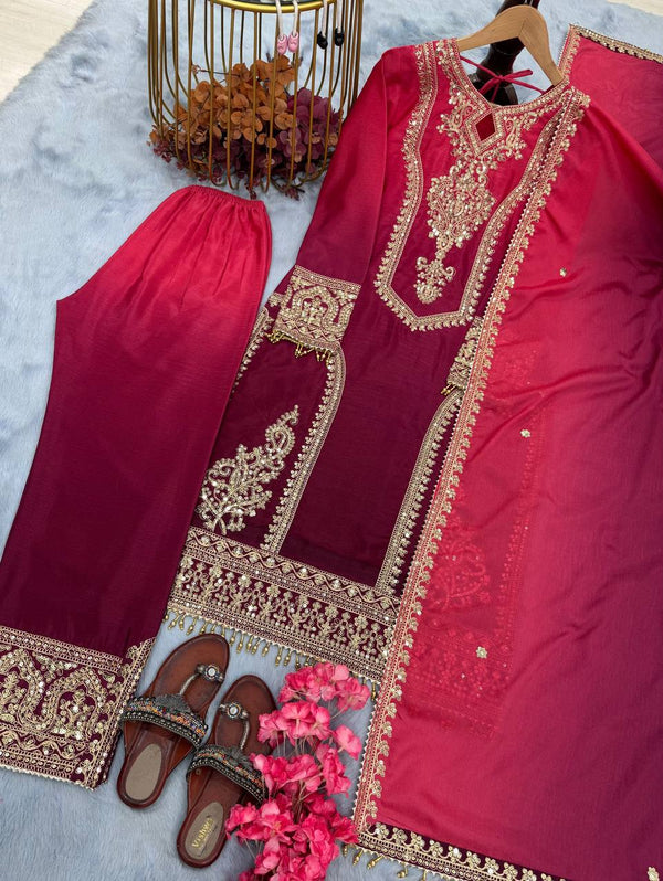 Party Wear Pink And Maroon Color Pure Dual Tone Padding Chinon Silk With Embroidery Work Pakistani Suit