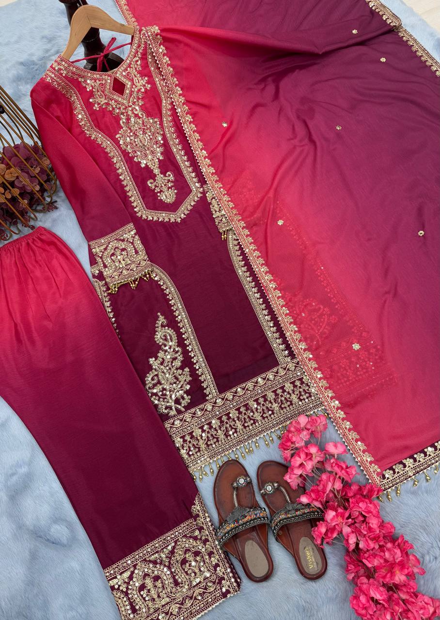 Party Wear Pink And Maroon Color Pure Dual Tone Padding Chinon Silk With Embroidery Work Pakistani Suit