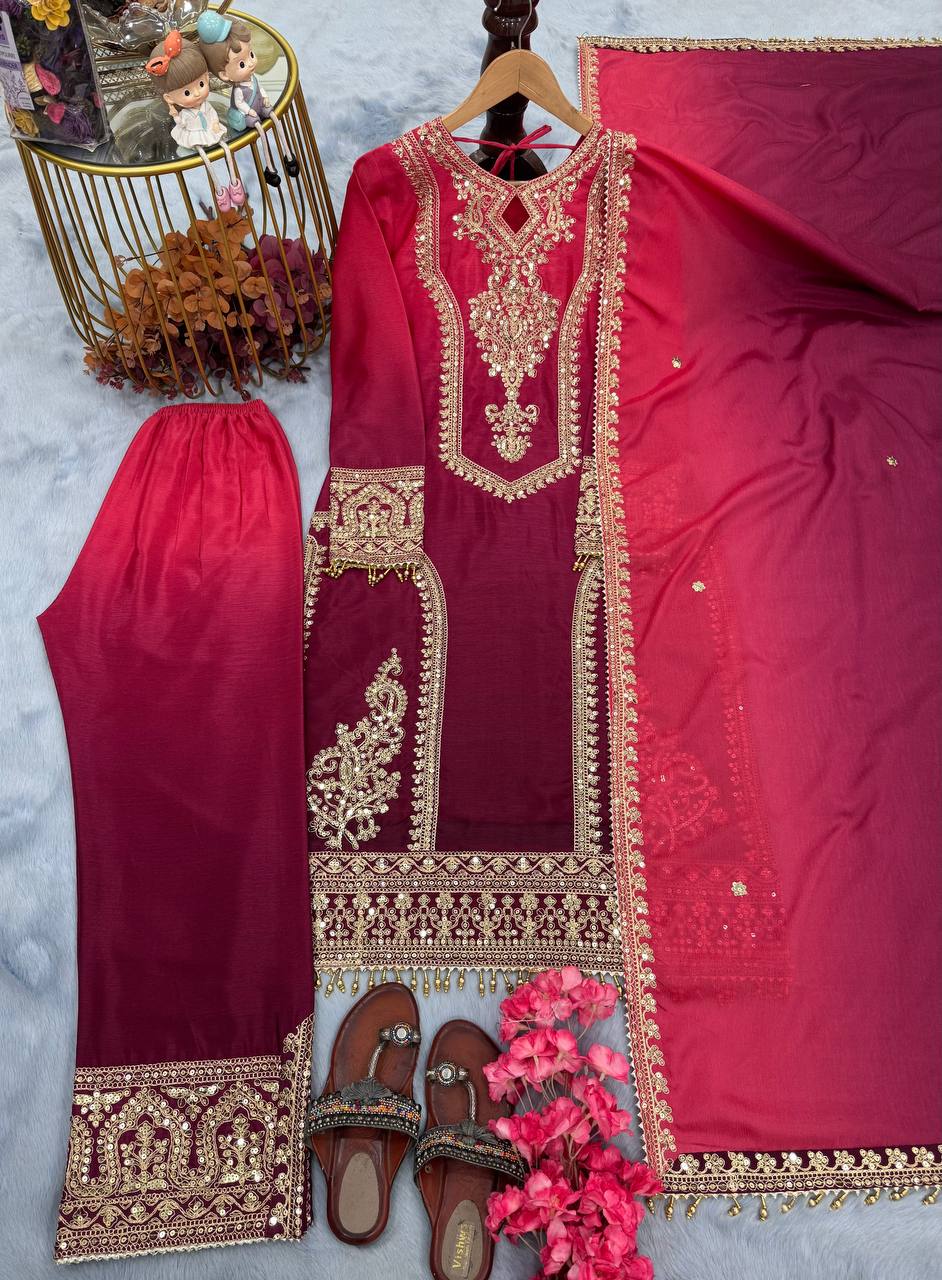 Party Wear Pink And Maroon Color Pure Dual Tone Padding Chinon Silk With Embroidery Work Pakistani Suit