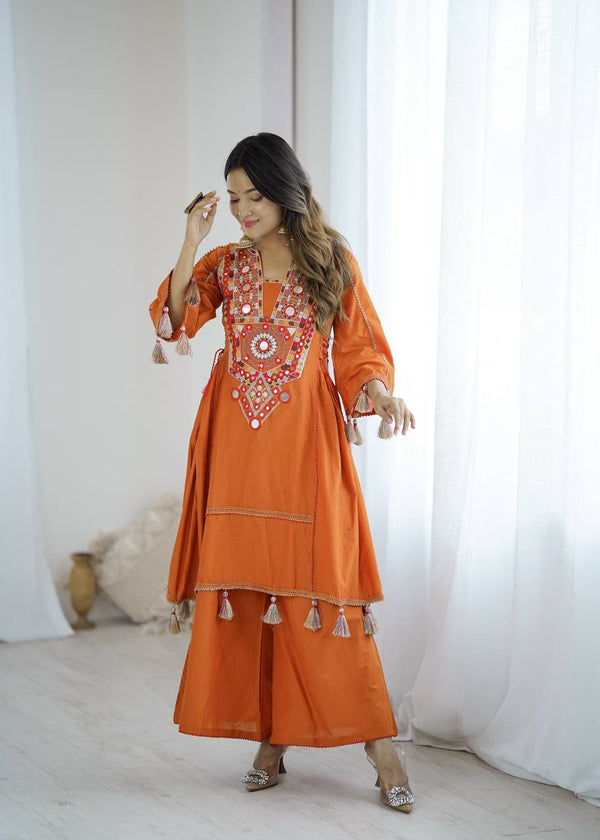 Fetive Wear Dusty Orange Color Pure Khadi Cotton Embroidered Designer Co-ord Set
