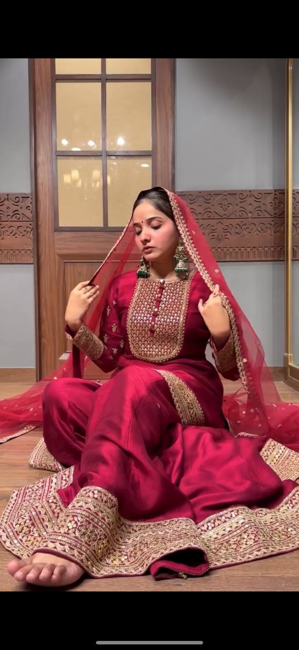 Pretty Red Color Designer Sharara Suit Set For Women