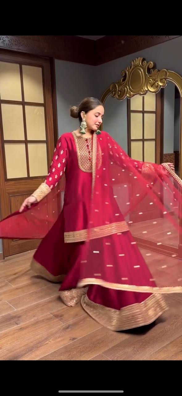 Pretty Red Color Designer Sharara Suit Set For Women