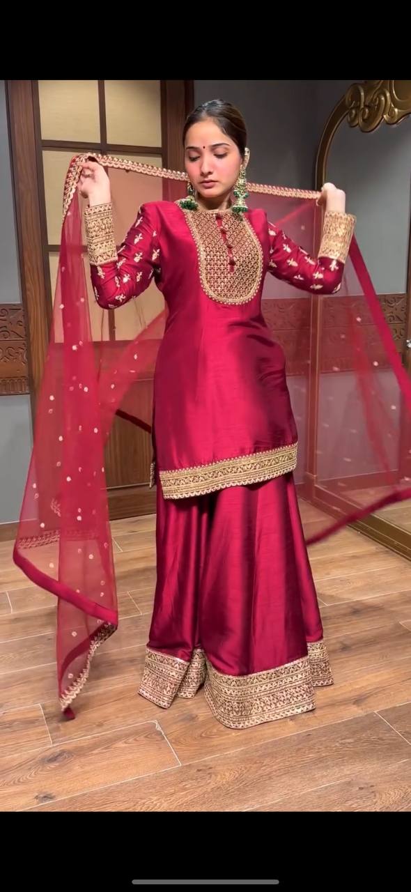 Pretty Red Color Designer Sharara Suit Set For Women