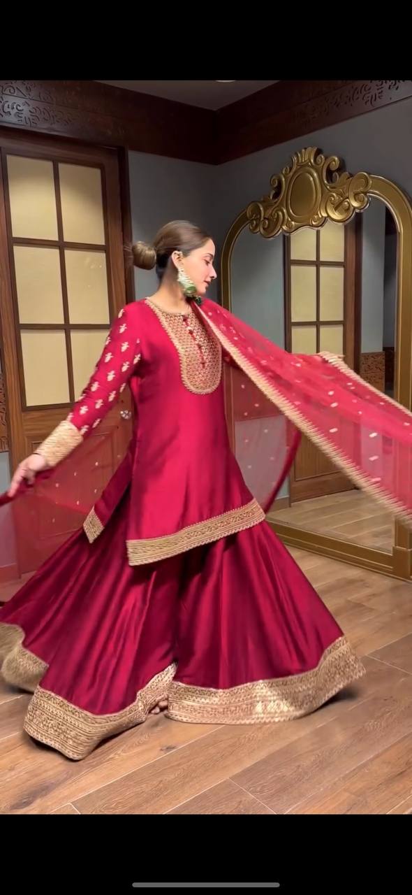 Pretty Red Color Designer Sharara Suit Set For Women
