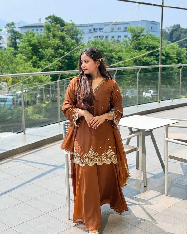 Bollywood Style Musterd Color Heavy Faux Georgette With Embroidery Sequence Work Palazzo Suit