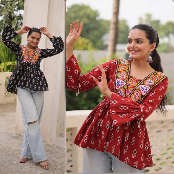 Navratri Specail Cotton Print With Kutchi Patch Work Navratri Top