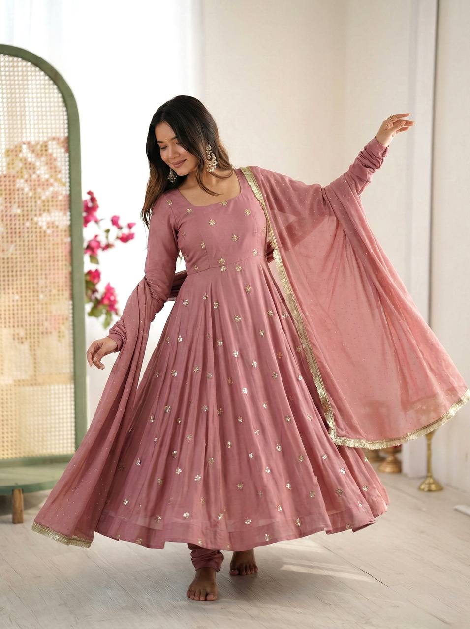 Arti Chauhan Wear Peach Color Roman Silk Anarkali Set – Vastra Shop