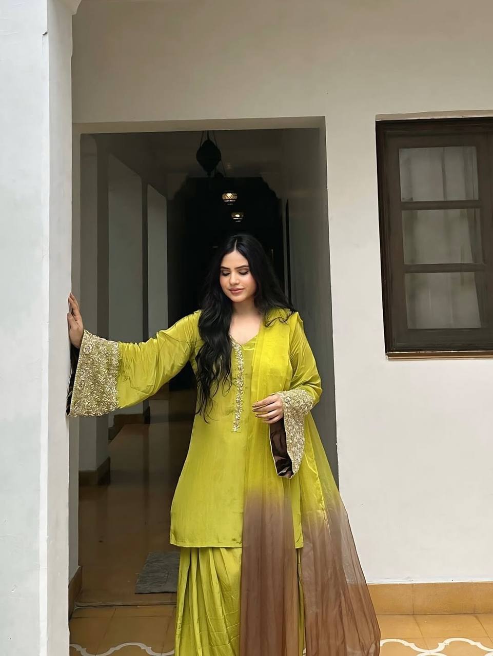 Wedding Wear Green Color Embroidered Sequence Work Designer Palazzo Suit