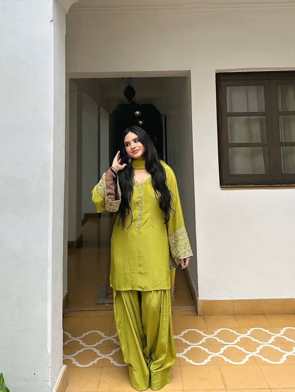 Wedding Wear Green Color Embroidered Sequence Work Designer Palazzo Suit