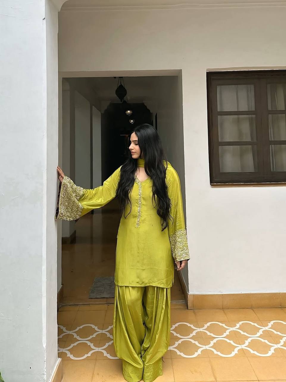 Wedding Wear Green Color Embroidered Sequence Work Designer Palazzo Suit