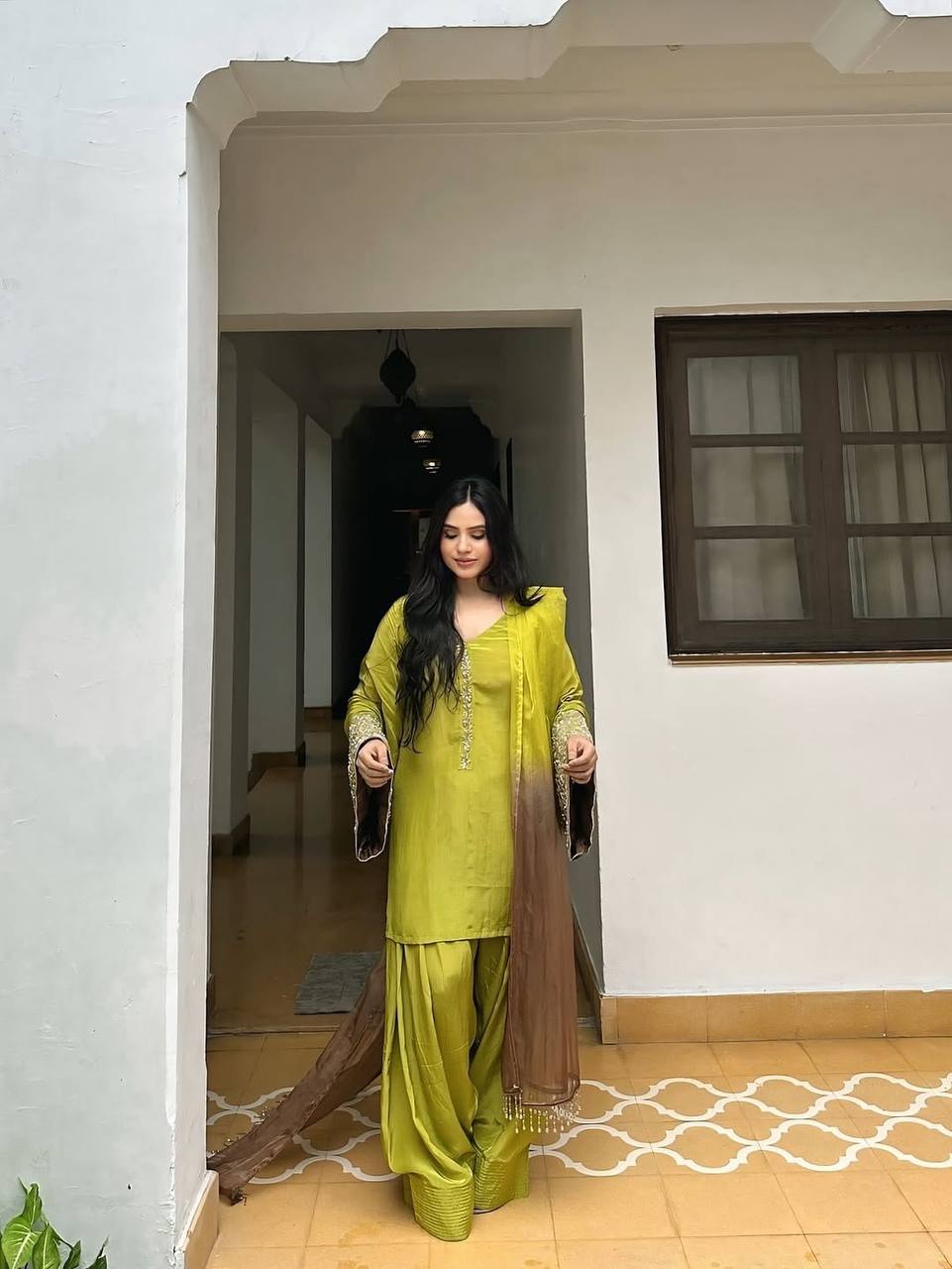 Wedding Wear Green Color Embroidered Sequence Work Designer Palazzo Suit