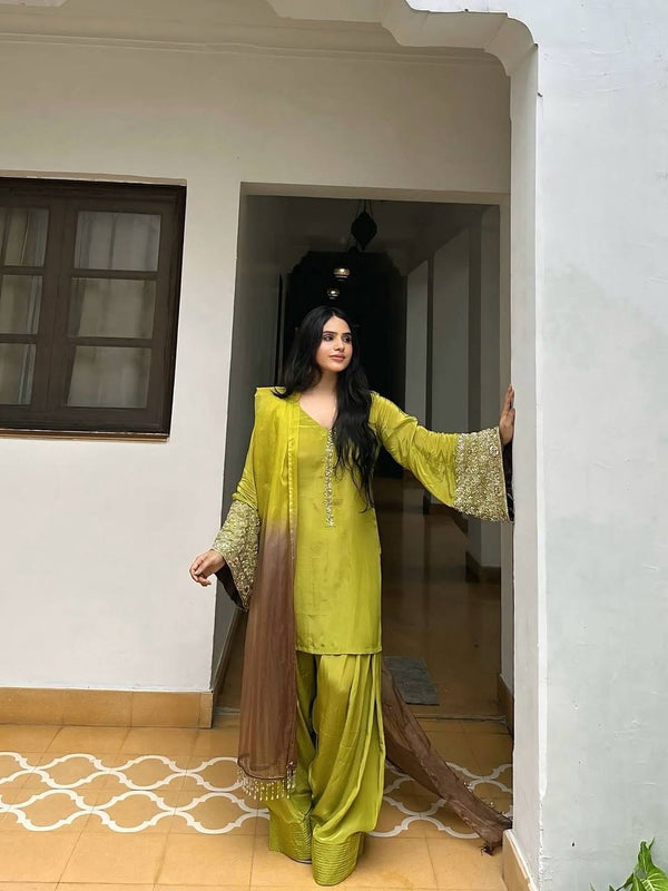 Wedding Wear Green Color Embroidered Sequence Work Designer Palazzo Suit
