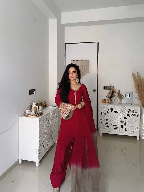 Wedding Wear Red Color Embroidered Sequence Work Designer Palazzo Suit