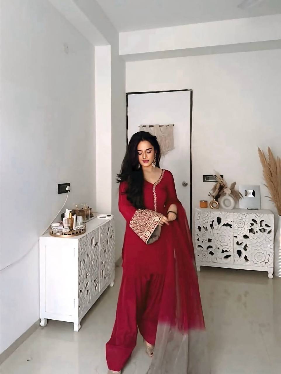 Wedding Wear Red Color Embroidered Sequence Work Designer Palazzo Suit