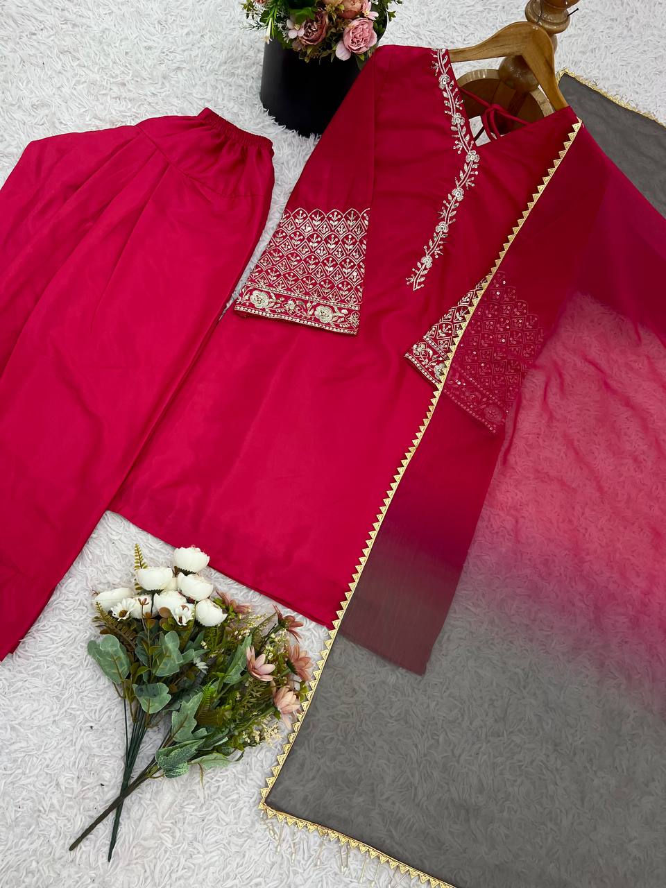 Wedding Wear Red Color Embroidered Sequence Work Designer Palazzo Suit