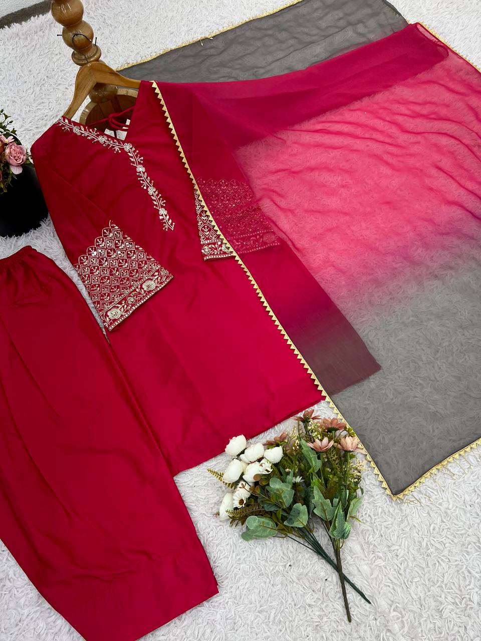 Wedding Wear Red Color Embroidered Sequence Work Designer Palazzo Suit