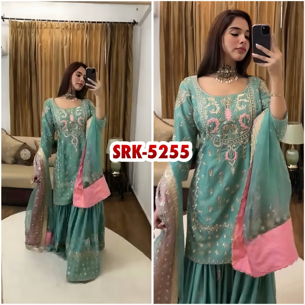 Bollywood Style Green color Heavy Chinnon silk With  Embroidery Sequence Work Sharara Suit