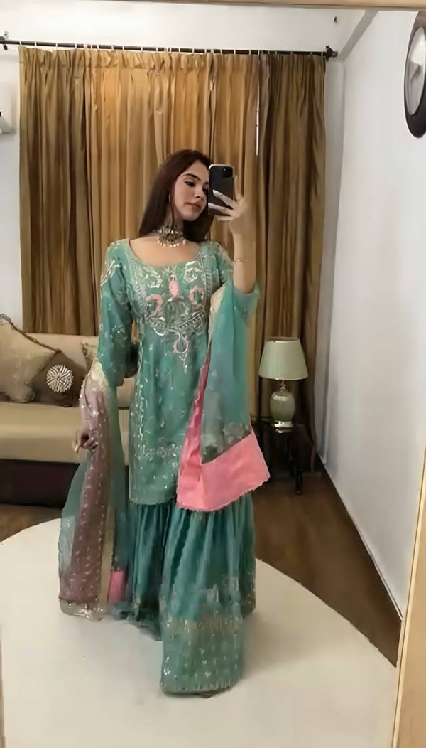 Bollywood Style Green color Heavy Chinnon silk With  Embroidery Sequence Work Sharara Suit