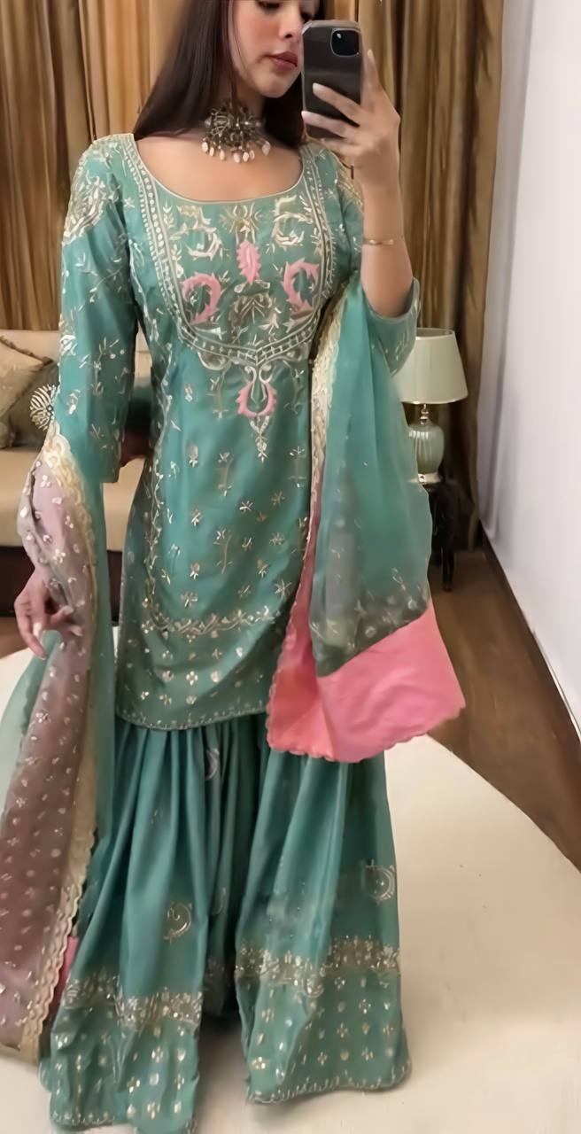 Bollywood Style Green color Heavy Chinnon silk With  Embroidery Sequence Work Sharara Suit