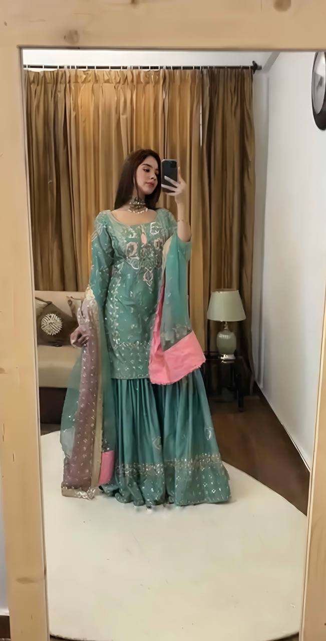 Bollywood Style Green color Heavy Chinnon silk With  Embroidery Sequence Work Sharara Suit