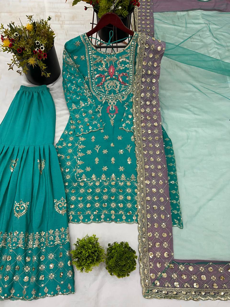 Bollywood Style Green color Heavy Chinnon silk With  Embroidery Sequence Work Sharara Suit