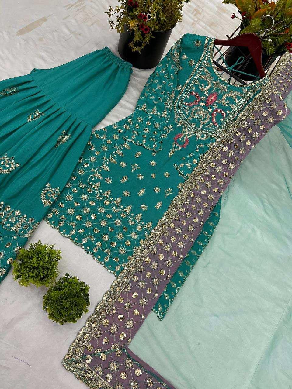 Bollywood Style Green color Heavy Chinnon silk With  Embroidery Sequence Work Sharara Suit