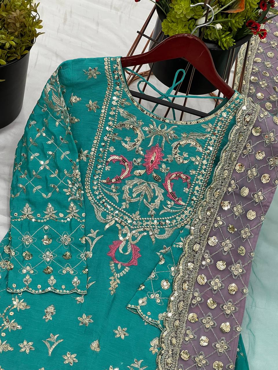 Bollywood Style Green color Heavy Chinnon silk With  Embroidery Sequence Work Sharara Suit