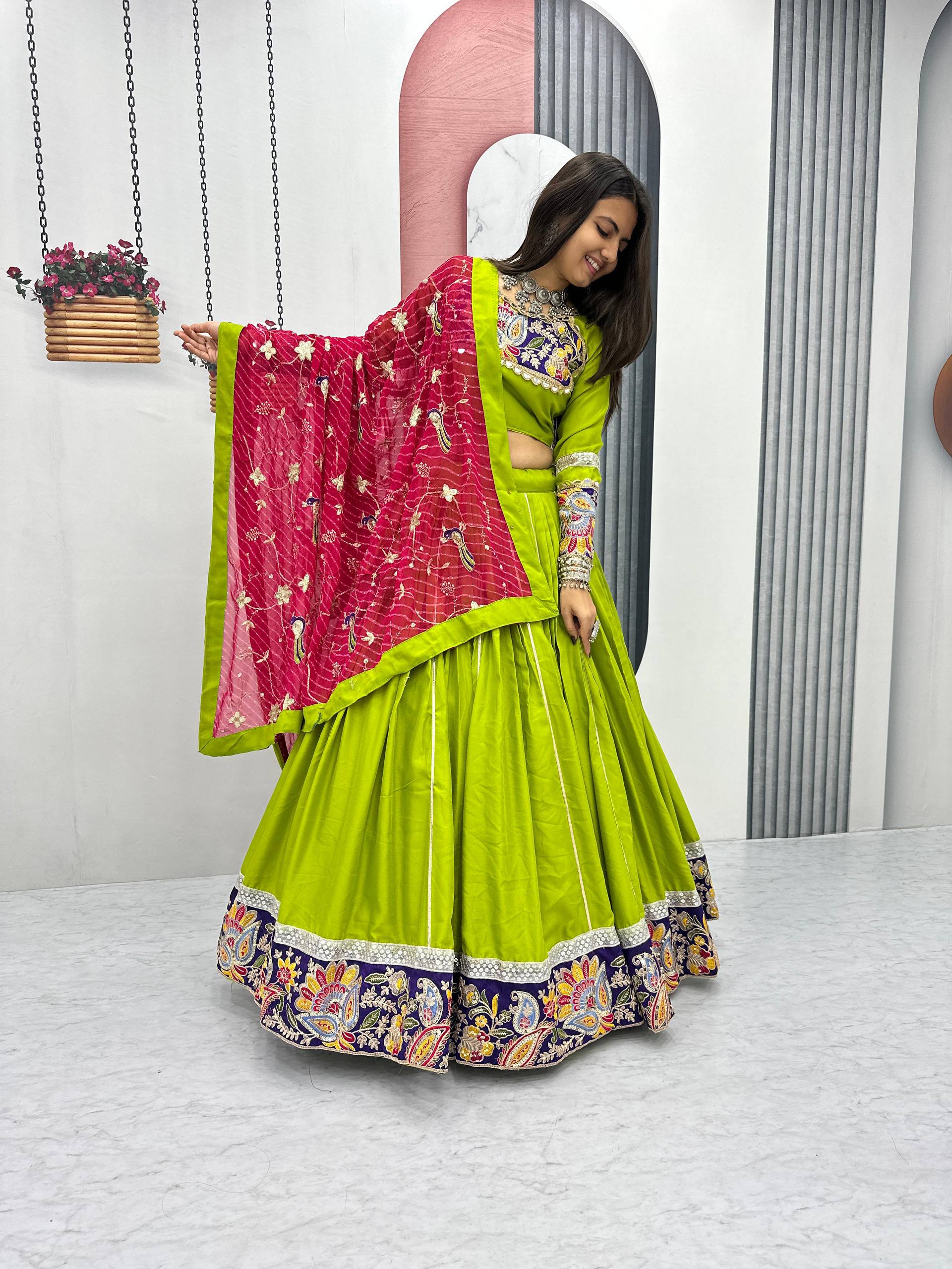 Dandiya Raas Wear Green Color Pure Cotton Lehenga Choli