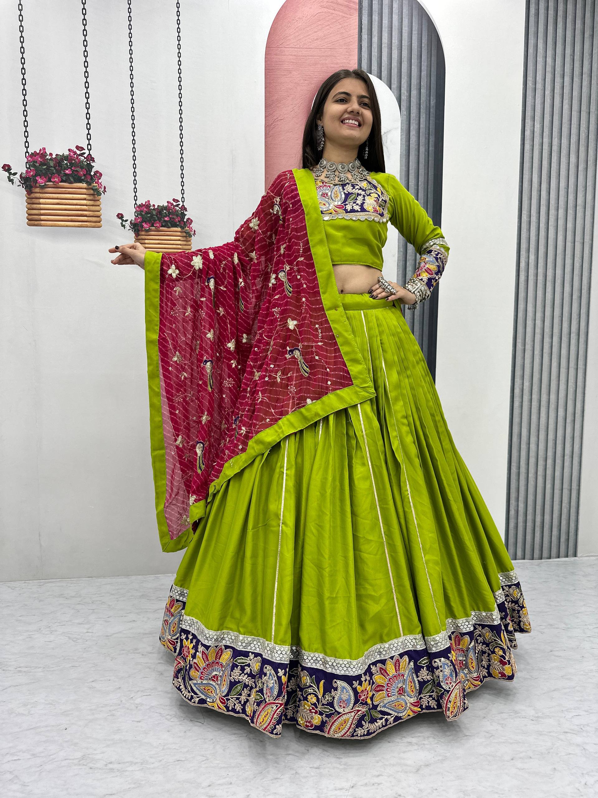 Dandiya Raas Wear Green Color Pure Cotton Lehenga Choli