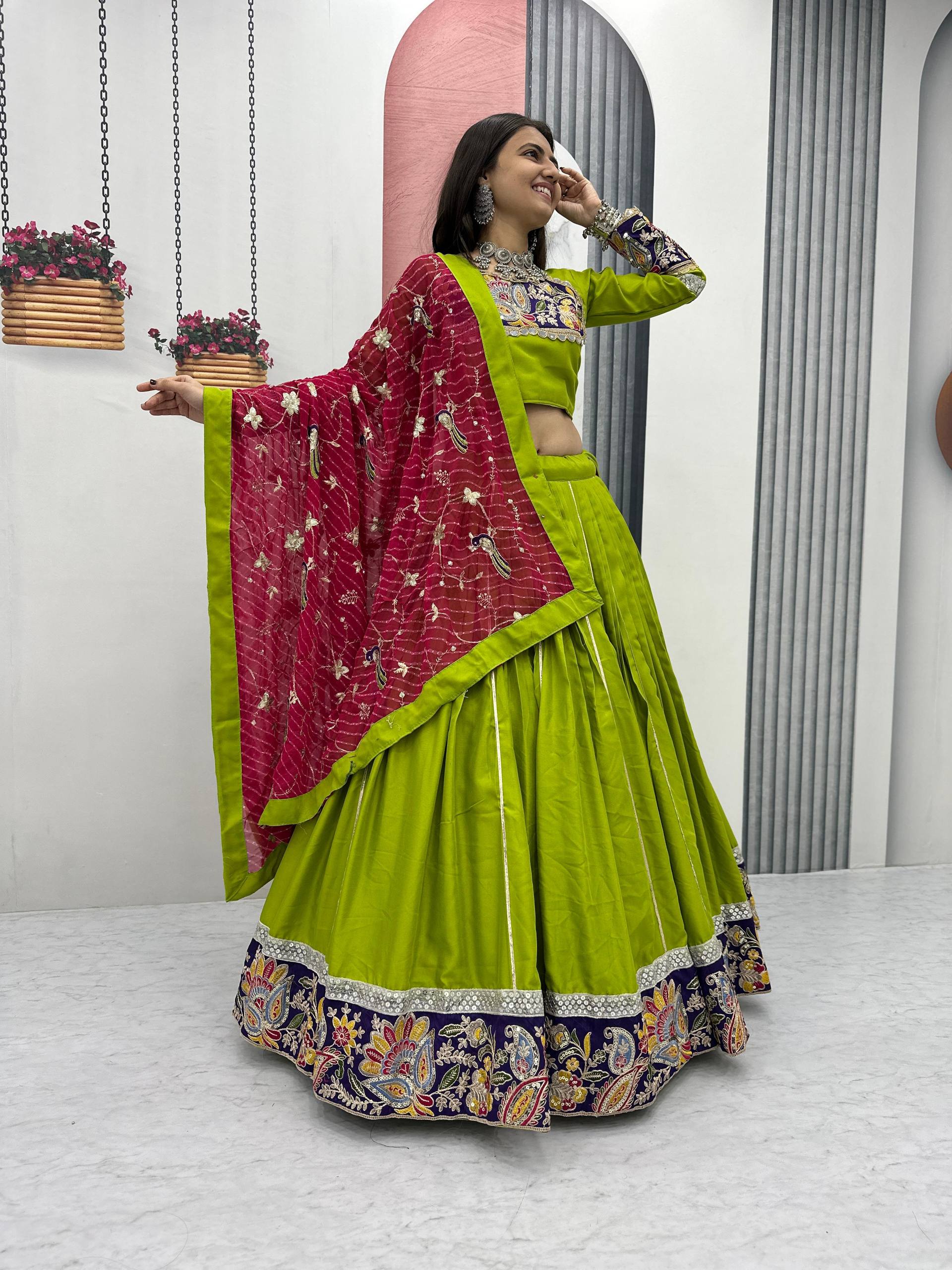Dandiya Raas Wear Green Color Pure Cotton Lehenga Choli