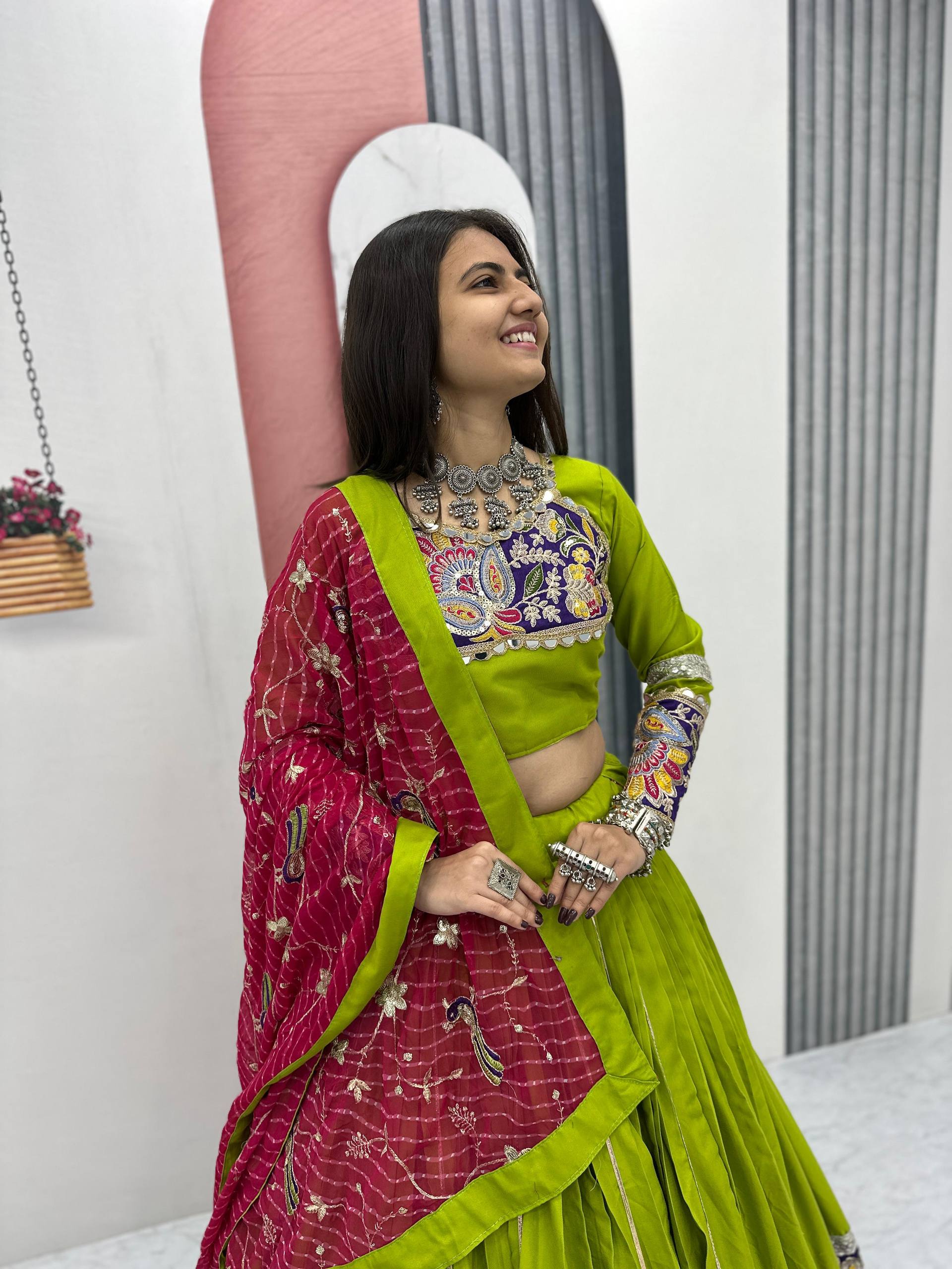 Dandiya Raas Wear Green Color Pure Cotton Lehenga Choli