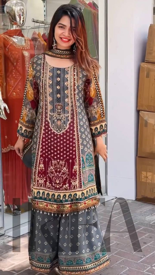 Trendy Maroon Color Heavy Faux Georgette Digital Print With Real Mirror Hand Work Palazzo Suit