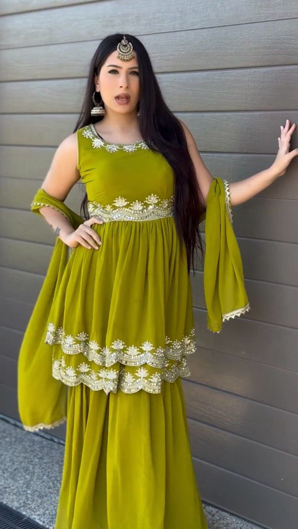 Marvelous Green Color Faux Georgette Thread With Sequence Work Palazzo Suit