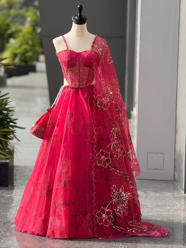 Wedding Wear Pink Color Digital Printed Lehenga Set With Designer Batwa